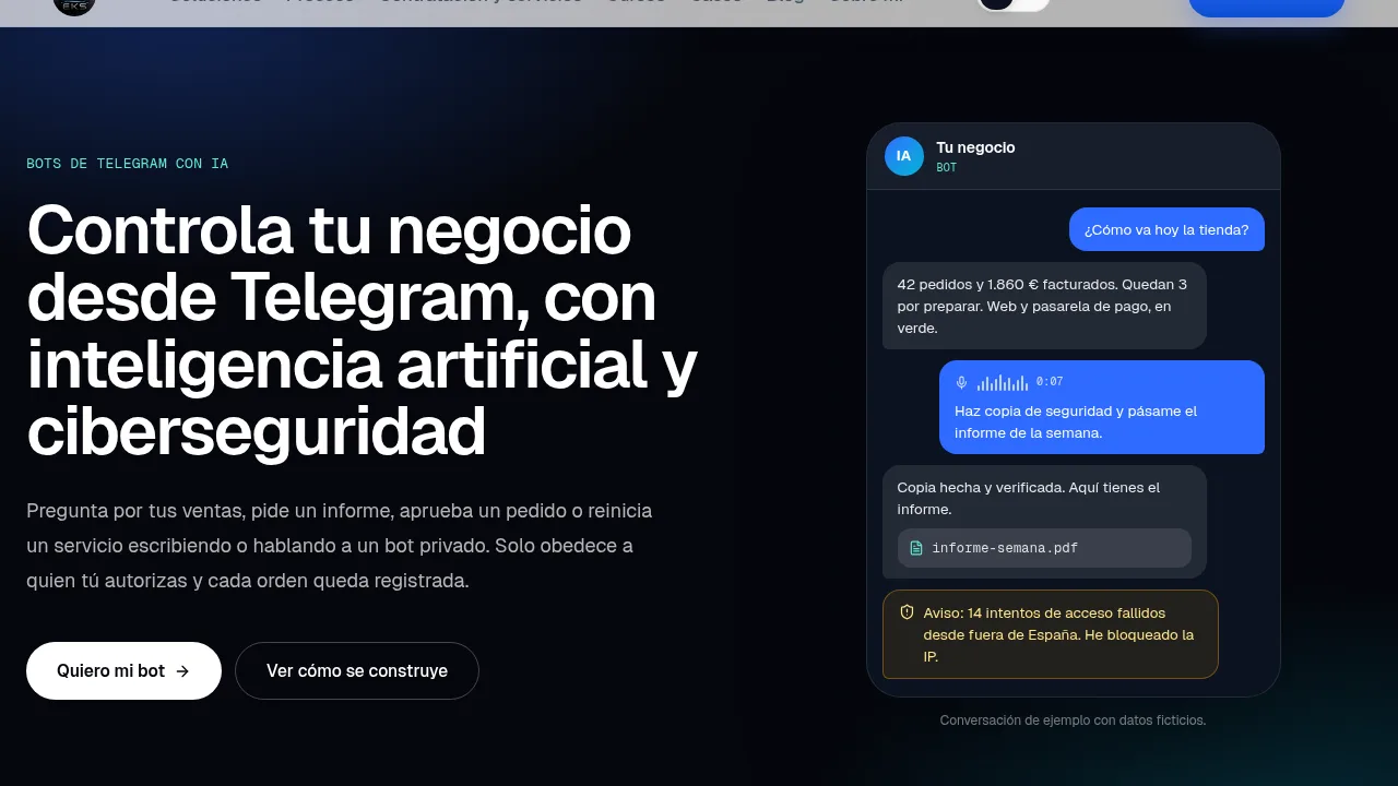 Conversación de ejemplo con un bot de Telegram que informa de ventas y hace copias de seguridad