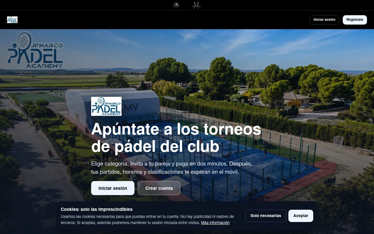 Portada de la plataforma de torneos de pádel de un club